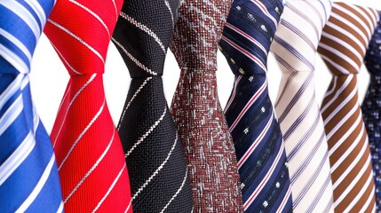 A vibrant display of ties in various colors and patterns, showcasing elegance and style, Ideal for fashion blogs, corporate presentations, or any project highlighting men's formal wear,
