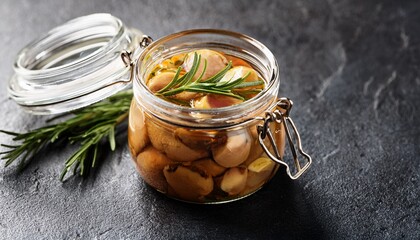 Glass Jar Filled With Food And Rosemary On A Stone Surface