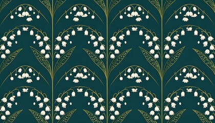 Floral pattern of lilies of the valley on a dark teal background