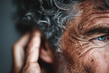 Naklejka premium Close-up portrait of an elderly man revealing detailed wrinkles, weathered skin, and a piercing blue eye, conveying grit, wisdom, and quiet resilience.