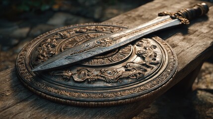 Ancient ornate sword and shield resting on rustic wooden surface
