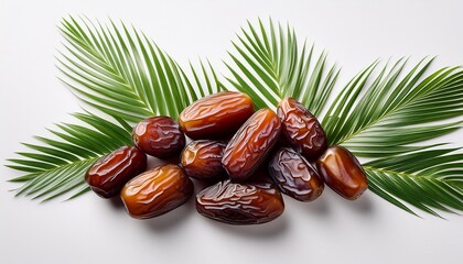 Obraz premium Fresh And Juicy Dates Surrounded By Green Palm Leaves On White Background