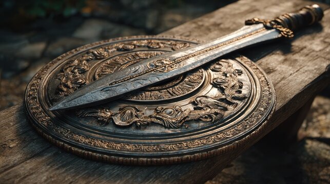Ancient ornate sword and shield resting on rustic wooden surface