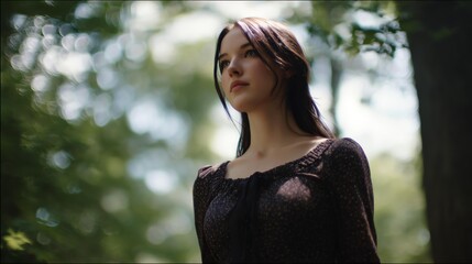 A contemplative young woman stands in a serene forest, surrounded by lush greenery, reflecting on her thoughts.