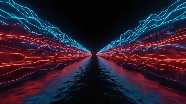 neon lines perspective futuristic journey through parallel red and blue glowing abstract lanes conveying a high-tech concept and digital innovation.