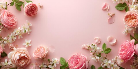 Elegant floral arrangement featuring pink roses and delicate petals with vibrant colors, lush greenery, and artistic composition for decorative and aesthetic appeal