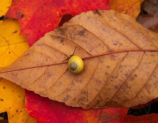 Yellow snail on autumn leaf amidst colorful foliage