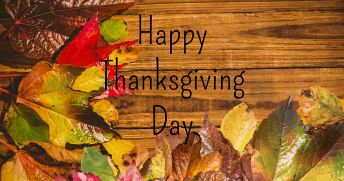 Fototapeta Image of happy thanksgiving day text over fall leaves