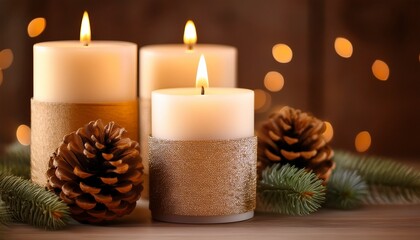 Elegant Holiday Candles With Pinecones In Warm Light