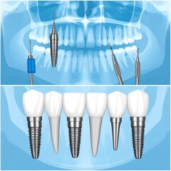 Dental Implant Procedure with Tools and Implants Shown