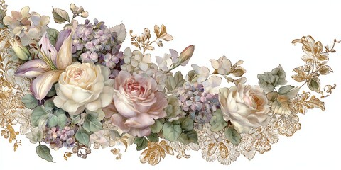 Elegant floral bouquet arrangement featuring roses, lilies, pastel colors, natural garden-inspired design, perfect for celebration, wedding, or home decor