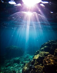 Underwater sunbeams on a coral reef