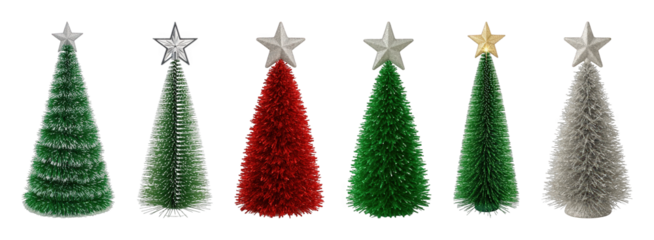 Miniature bottle brush Christmas tree set including green, red, and silver variants with star toppers isolated. Holiday decorations and festive elements.