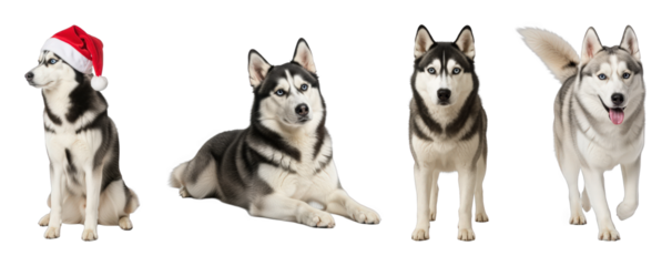 Siberian Husky dogs set including sitting, lying, standing, and walking poses, one with a Santa hat, isolated. Pet collection for winter and general themes.
