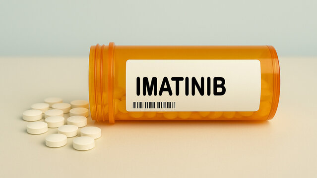 Box of IMATINIB tablets on a hospital pharmacy table used to treat leukemia a BCR ABL tyrosine kinase inhibitor.