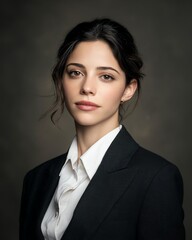 A professional young woman in a suit, exuding confidence and elegance against a soft, neutral background.