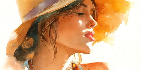 A serene portrait of a woman in a sun hat, embodying elegance and tranquility in soft watercolor style.