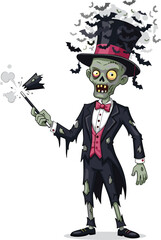 Cartoon zombie magician with top hat, bats and broken magic wand, undead illusionist vector illustration, horror and fantasy character design for Halloween themes