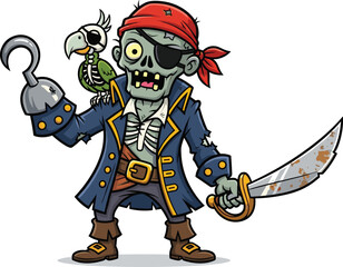 Cartoon zombie pirate with hook hand and skeletal parrot, undead sailor vector illustration, horror and adventure design for Halloween and fantasy sea themes
