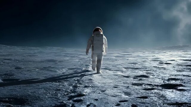 Ultra HD Astronaut walking on the moons surface with a dark sky and bright light, an astronaut walking video