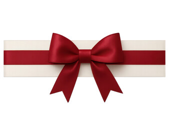 Red satin ribbon bow on a white gift box, isolated on transparent background.