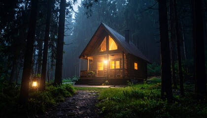 Wooden cabin glows warmly amidst a dense, moody forest. Path leads to the lit porch with an oil lamp nearby. Serene and inviting