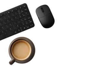 Flat Lay Matte Black Mouse and Keyboard with Coffee Cup on Transparent Background