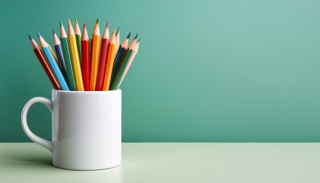 Colorful Pencils In A White Mug On A Plain Background