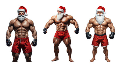 Muscular Santa Claus set including strong poses and bodybuilder physiques isolated. Christmas fitness and holiday strength collection.
