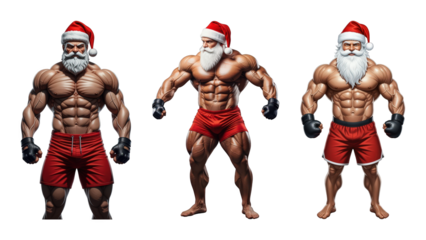 Muscular Santa Claus set including strong poses and bodybuilder physiques isolated. Christmas fitness and holiday strength collection.