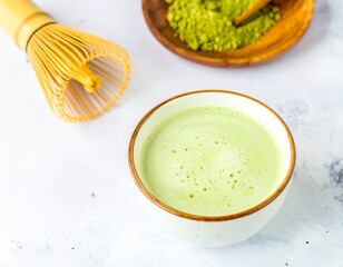 Matcha Green Tea Beverage with Bamboo Whisk