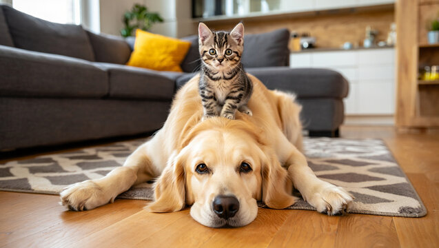 Unlikely friends: a golden retriever and a tabby kitten. Pure joy!