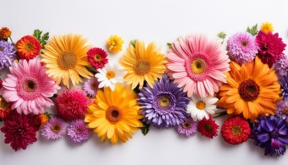Colorful Array Of Blooming Flowers Lined Up On A White Background In A Vibrant Floral Arrangement