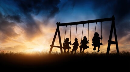Children swinging joyfully at sunset, silhouetted against a colorful sky with clouds and grass