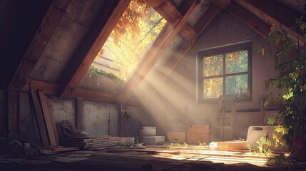 Sunlit attic room with wooden beams and scattered items.