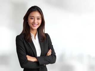 Confident businesswoman wearing a black suit, standing with crossed arms, showcasing professionalism.