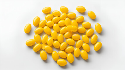 Fototapeta premium Vitamin D capsules arranged in a circular pattern showcasing their vibrant yellow color and smooth texture, Vitamin D molecule