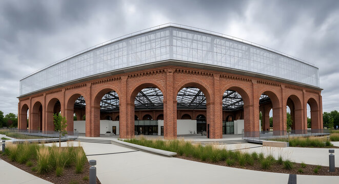 Adaptive Reuse of Industrial Buildings A Modern Cultural Hub with Red Brick Arches