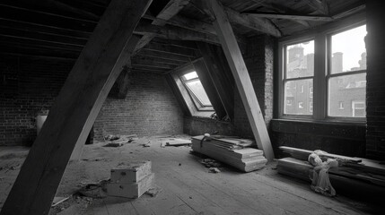 A dusty attic room under renovation.