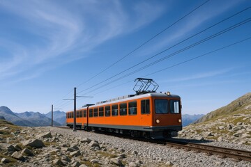 Scenic Swiss Train Journey: An Orange Train Ascends the Bernina Pass in the Alps
