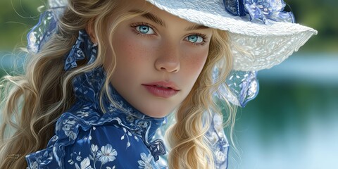 Portrait of a young woman with blue eyes wearing a straw hat and floral dress, set against a serene watery backdrop.