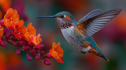 Fototapeta premium Hummingbird mid-flight drinking from flower, frozen wings, extreme clarity, colorful tropical backdrop