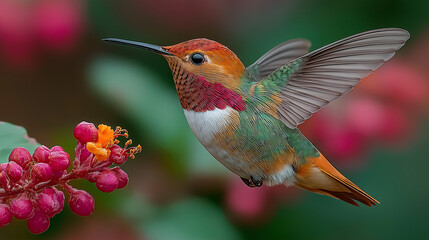Hummingbird mid-flight drinking from flower, frozen wings, extreme clarity, colorful tropical backdrop