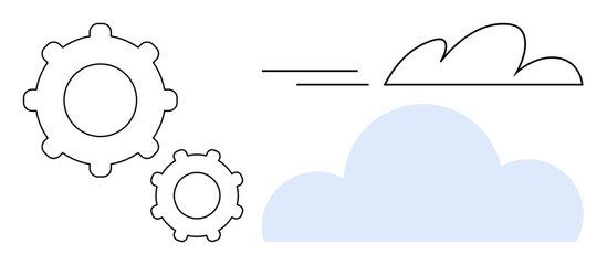 Two simple gears beside abstract cloud shapes convey themes of cloud computing, teamwork, data integration, and innovation. Ideal for IT services, cloud hosting, automation, workflow, modern