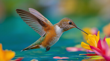 Hummingbird mid-flight drinking from flower, frozen wings, extreme clarity, colorful tropical backdrop