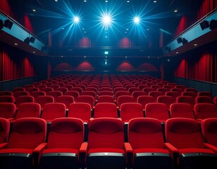 The empty theater interior features luxurious red seats arranged in neat rows, waiting for the audience