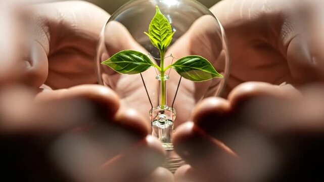 Hands holding green light bulb, clean energy concept, protecting the environment, sustainable idea in hands, the future of energy