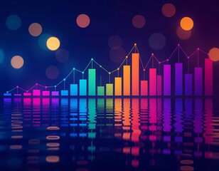 The colorful bar and line charts create a luminous reflection on the water's surface, while the glowing bokeh background adds a sleek, modern touch, perfect for analysis
