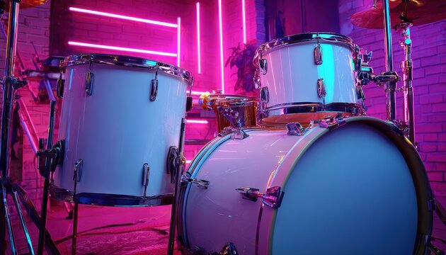 Drum Kit in Neon Light: Close-Up of Musical Instrument in Colorful, Modern Setting