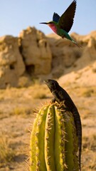 Colorful Hummingbird and Lizard on Cactus in Desert